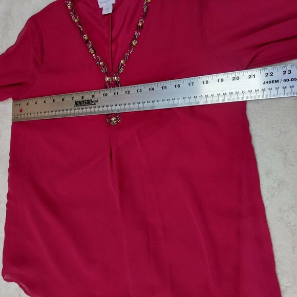 Jaclyn Smith Beaded Embellished Chiffon Top Blouse Medium Long Sleeve Maroon - Picture 6 of 6